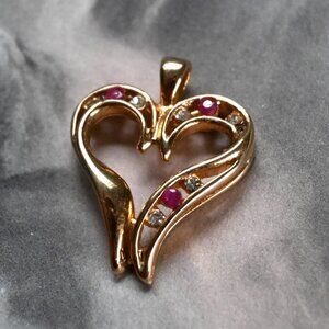 14K GE G10 LIND Heart Pendant Charm w/ Diamond Crystals Ruby